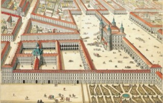 Regiæ Bibliothecæ, Equestris Academiæ, Veteris Castri cum suo utriuque Foro, ad septentrionem Inspectio, in Theatrum Sabaudiae, Amsterdam. Blaeu, 1682, t. I, tav. 13