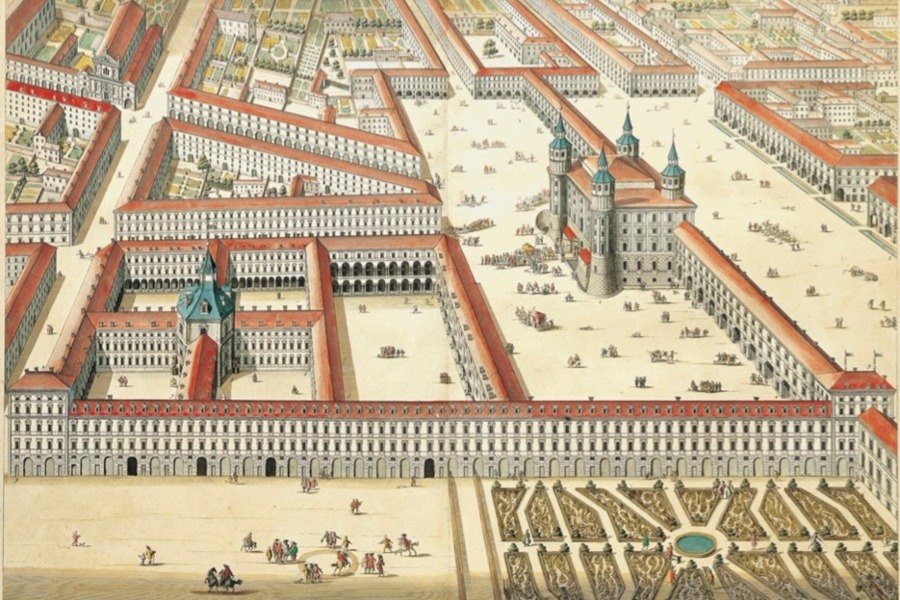 Regiæ Bibliothecæ, Equestris Academiæ, Veteris Castri cum suo utriuque Foro, ad septentrionem Inspectio, in Theatrum Sabaudiae, Amsterdam. Blaeu, 1682, t. I, tav. 13
